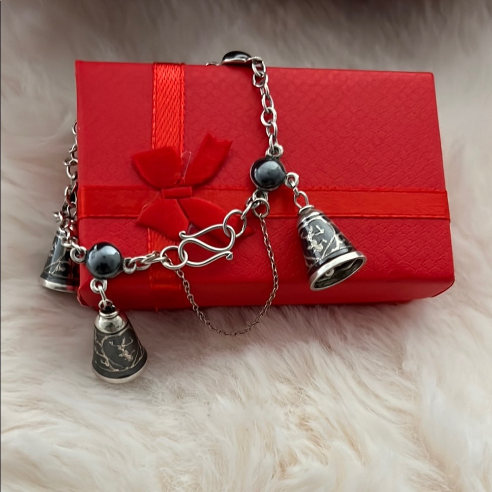 Silver Charm Bracelet with Black Beads